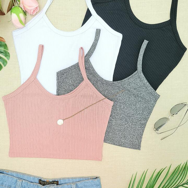 KIT 4 Cropped Top Suspensório Cortado Em Malha Canelada