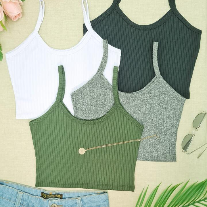 KIT 4 Cropped Top Suspensório Cortado Em Malha Canelada