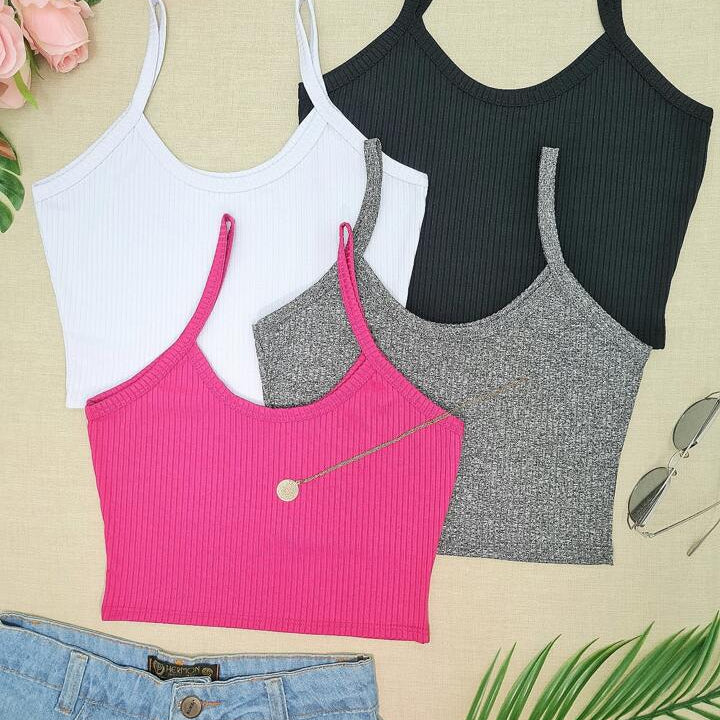 KIT 4 Cropped Top Suspensório Cortado Em Malha Canelada