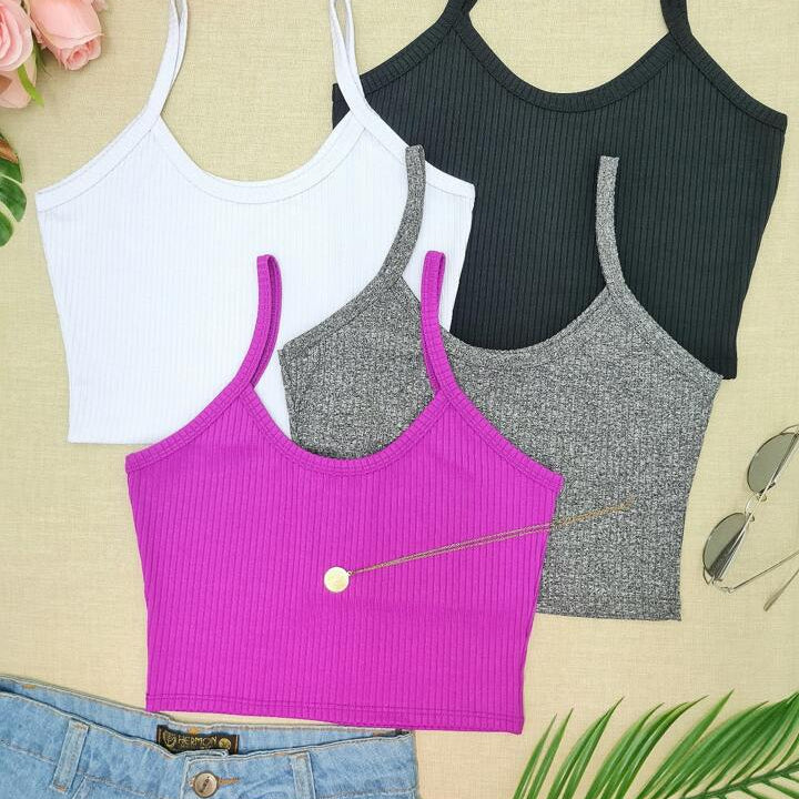 KIT 4 Cropped Top Suspensório Cortado Em Malha Canelada