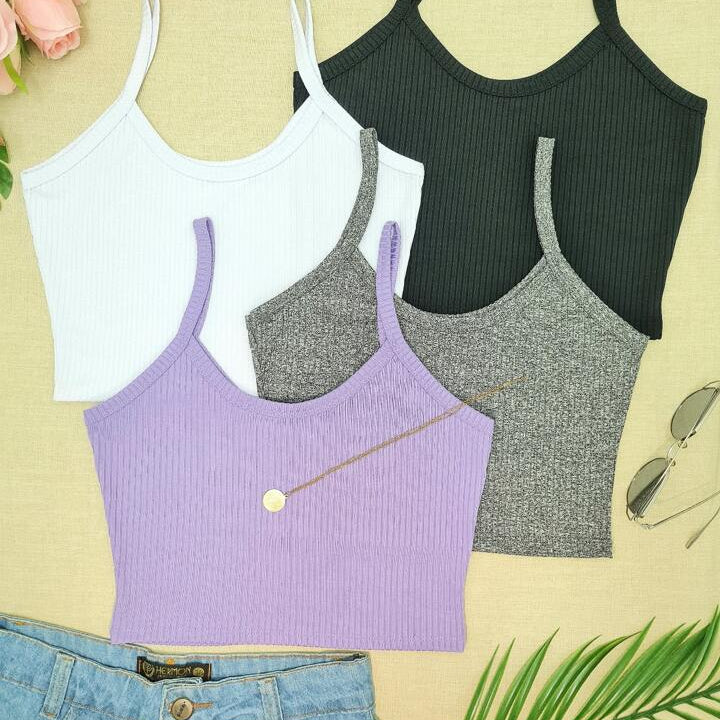 KIT 4 Cropped Top Suspensório Cortado Em Malha Canelada