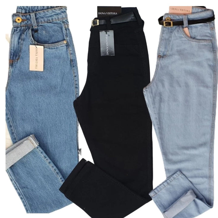 Mom Jeans Calça Cintura Super Alta Feminina Manchada Clara Escura