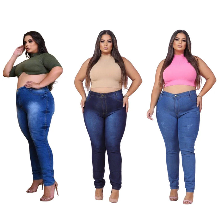 KIT 3 Calça Jeans Feminina Plus Size Cintura Alta Com Lycra